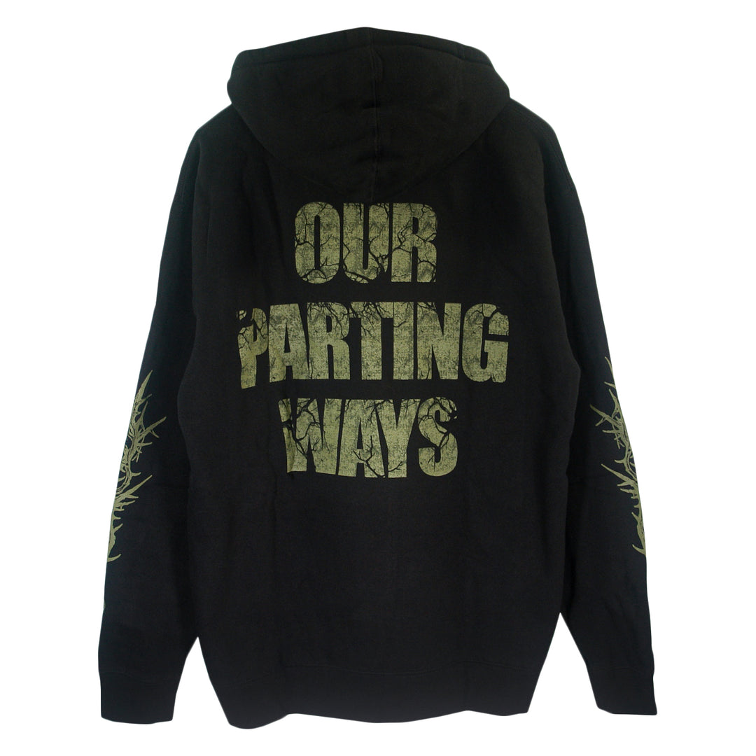 The 156/Silence Black Heavyweight Pullover Hoodie is made from ring-spun cotton, with a fleece-lined hood. "OUR PARTING WAYS" in distressed yellow-green blazes on the back, barbed wire graphics wrap the sleeves.
