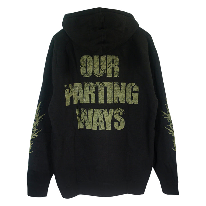 The 156/Silence Black Heavyweight Pullover Hoodie is made from ring-spun cotton, with a fleece-lined hood. "OUR PARTING WAYS" in distressed yellow-green blazes on the back, barbed wire graphics wrap the sleeves.