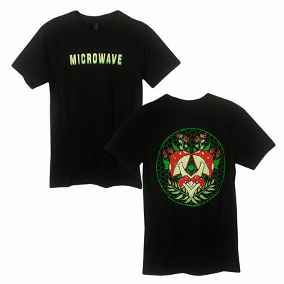 image of the front and back of a black tee shirt on a white background. front is on the left and has a center chest print that says microwave. back is on the right and has a center print of a circle with mushrooms inside