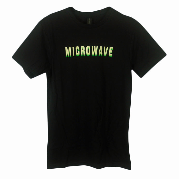 image of the front of a black tee shirt on a white background. tee has a center chest print that says microwave