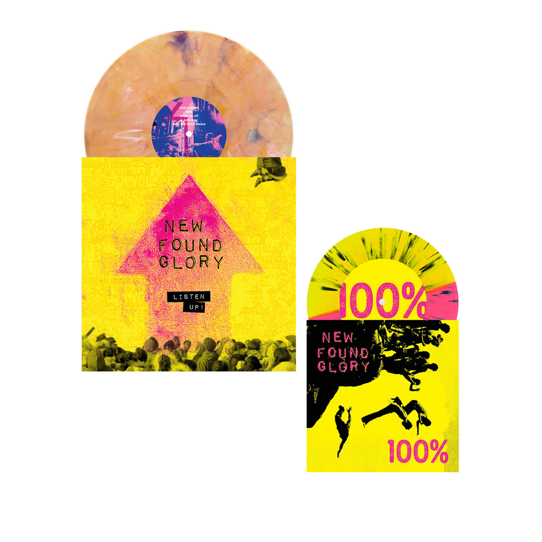 Two vinyl records with covers: the left shows a Limited Edition Tropical Sunset Deluxe Marble Vinyl from New Found Glory; the right displays a Neon Yellow Pink Splatter Vinyl, both featuring New Found Glory artwork.