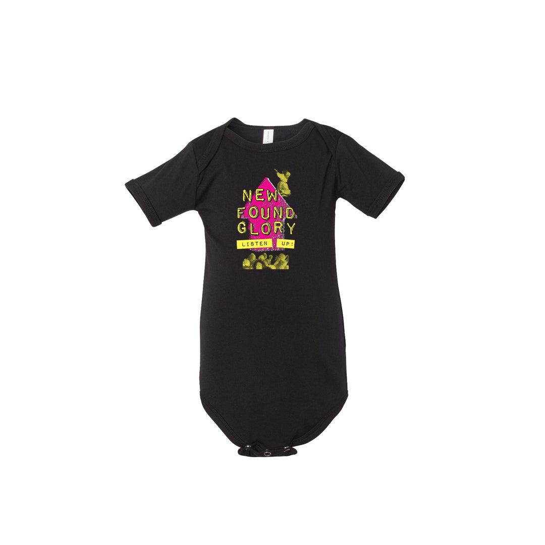 A black baby onesie by New Found Glory with colorful "New Found Glory" text, "Listen Up!" underneath, and small yellow and pink illustrations on the chest.