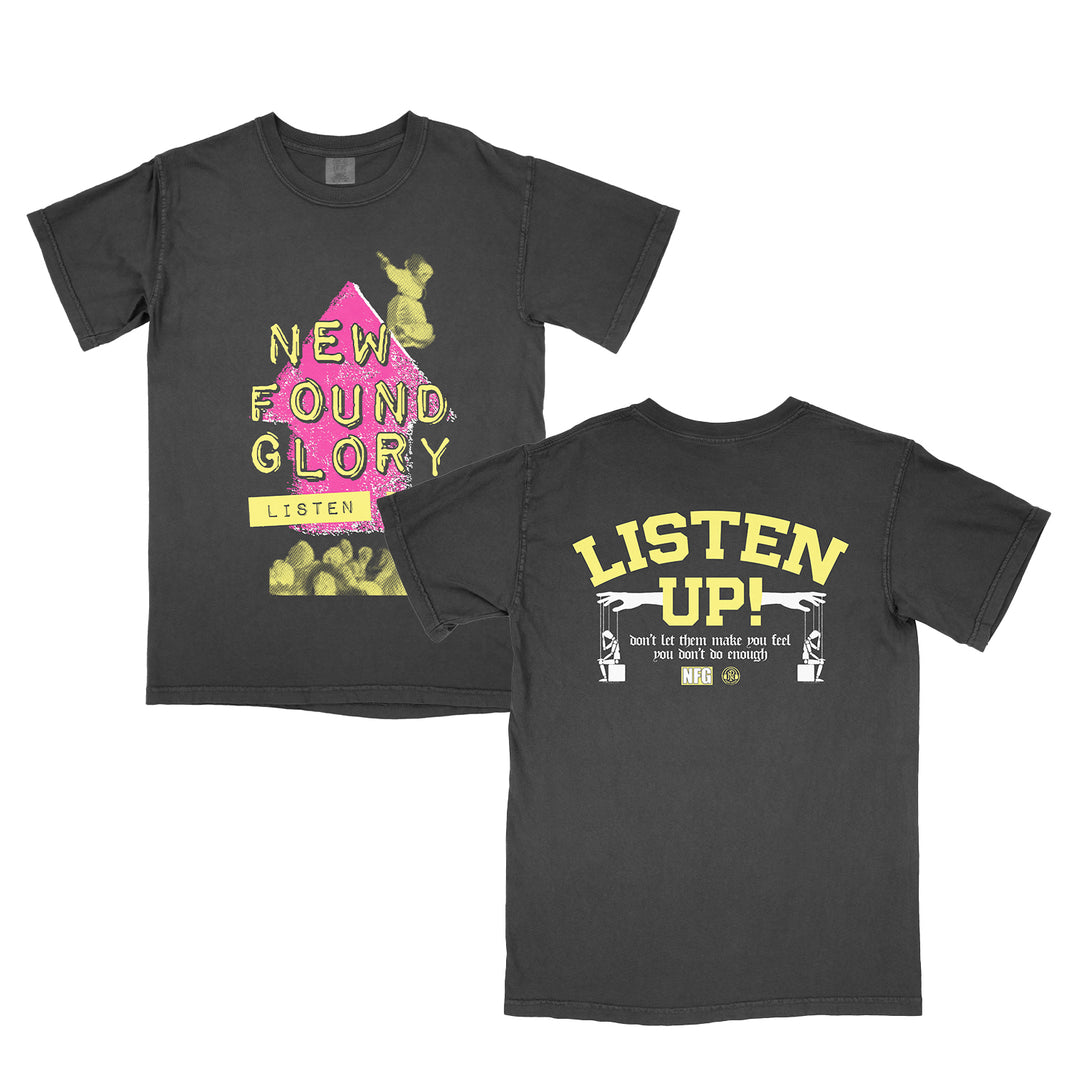 A black New Found Glory T-shirt features "Listen" in bold yellow and pink, graphics of a jumping person and crowd on the front. The back says "Listen Up!" with speakers and a motivational quote below.