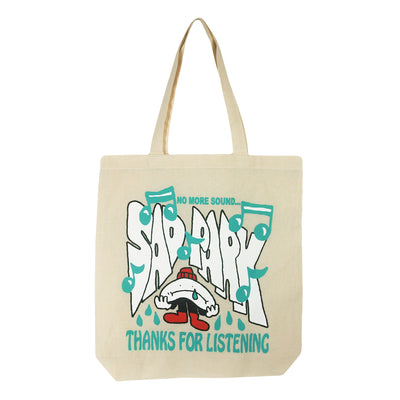 image of a natural colored tote bag on a white background. tote has front print that says no more sound... sad park, thanks for listening. also music notes and a sad face over the text