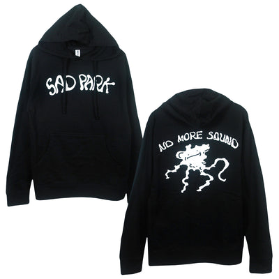 image of the front and back of a black pullover hoodie on a white background. front is on the left and has a center chest print in white that says sad park. back is on the right and has a print in white that says no more sound with a squid like creature below