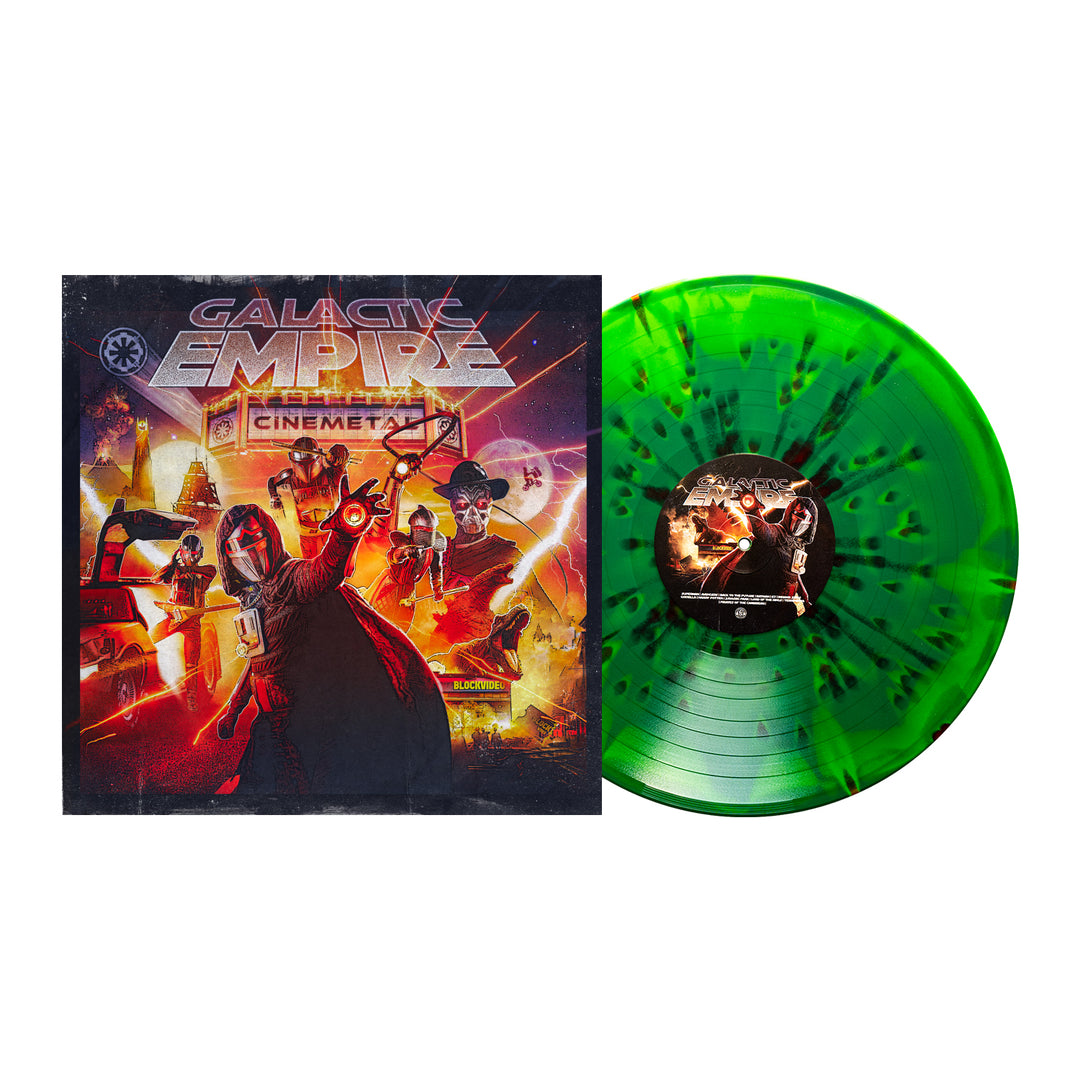 A neon green Cinemetal vinyl with black streaks from Galactic Empire rests by its cover, featuring a sci-fi artwork of masked figures and spaceships in an action-packed scene. This is a limited edition release.