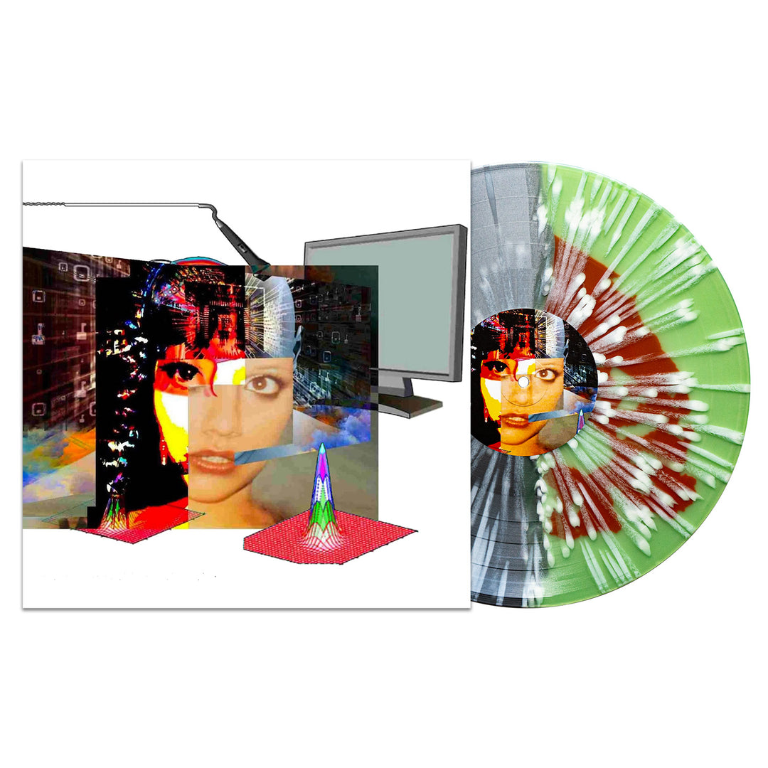 A marbled green, white, and gray vinyl LP by Soulkeeper lies next to its cover—a digital collage of a womans face, geometric shapes, a computer monitor, and abstract graphics. Join Us In Creating Excellence with this presale album.