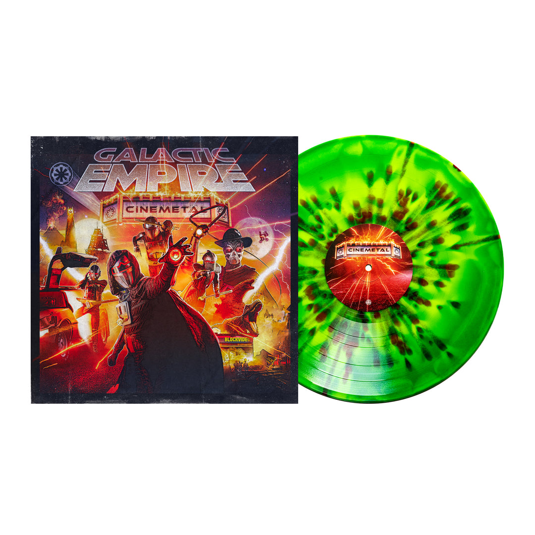 A vibrant green marbled Cinemetal vinyl by Galactic Empire is shown beside its album cover, which features dynamic sci-fi characters and space artwork with the title "Galactic Empire Cinematic." This limited edition album is available for presale.