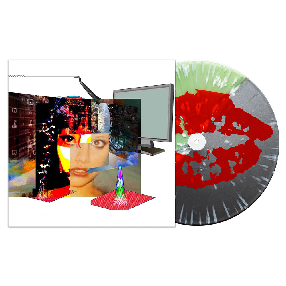 A Soulkeeper vinyl LP with a red, white, and gray splatter pattern sits next to its cover—showing a digital collage of a womans face, geometric shapes, and a computer monitor. Secure this unique presale album from Soulkeeper now!.