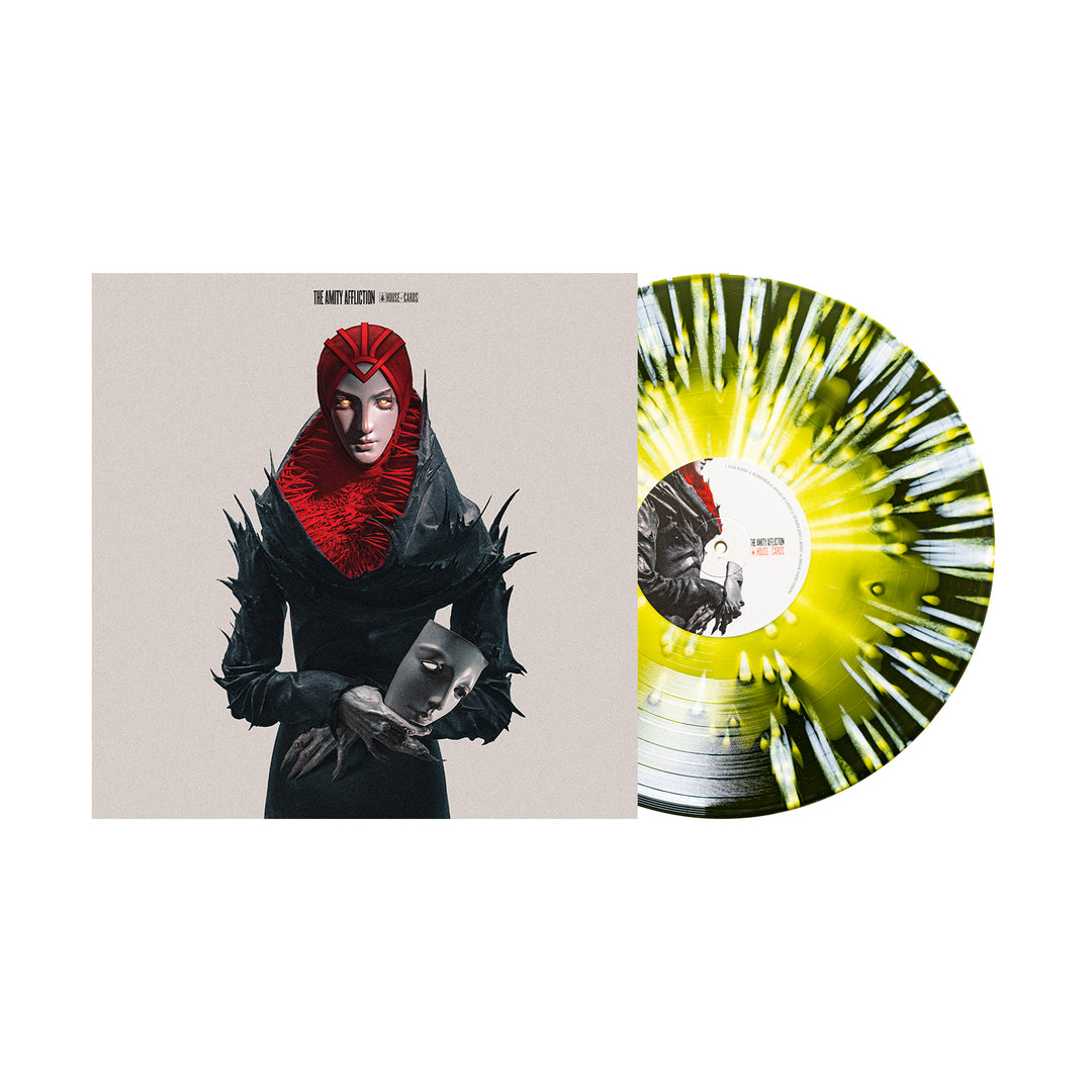 The Amity Affliction House Of Cards vinyl LP presale: features a figure in a black spiked cloak and red headpiece holding a mask-like face on gray, plus Yellow in Green with White Splatter vinyl.