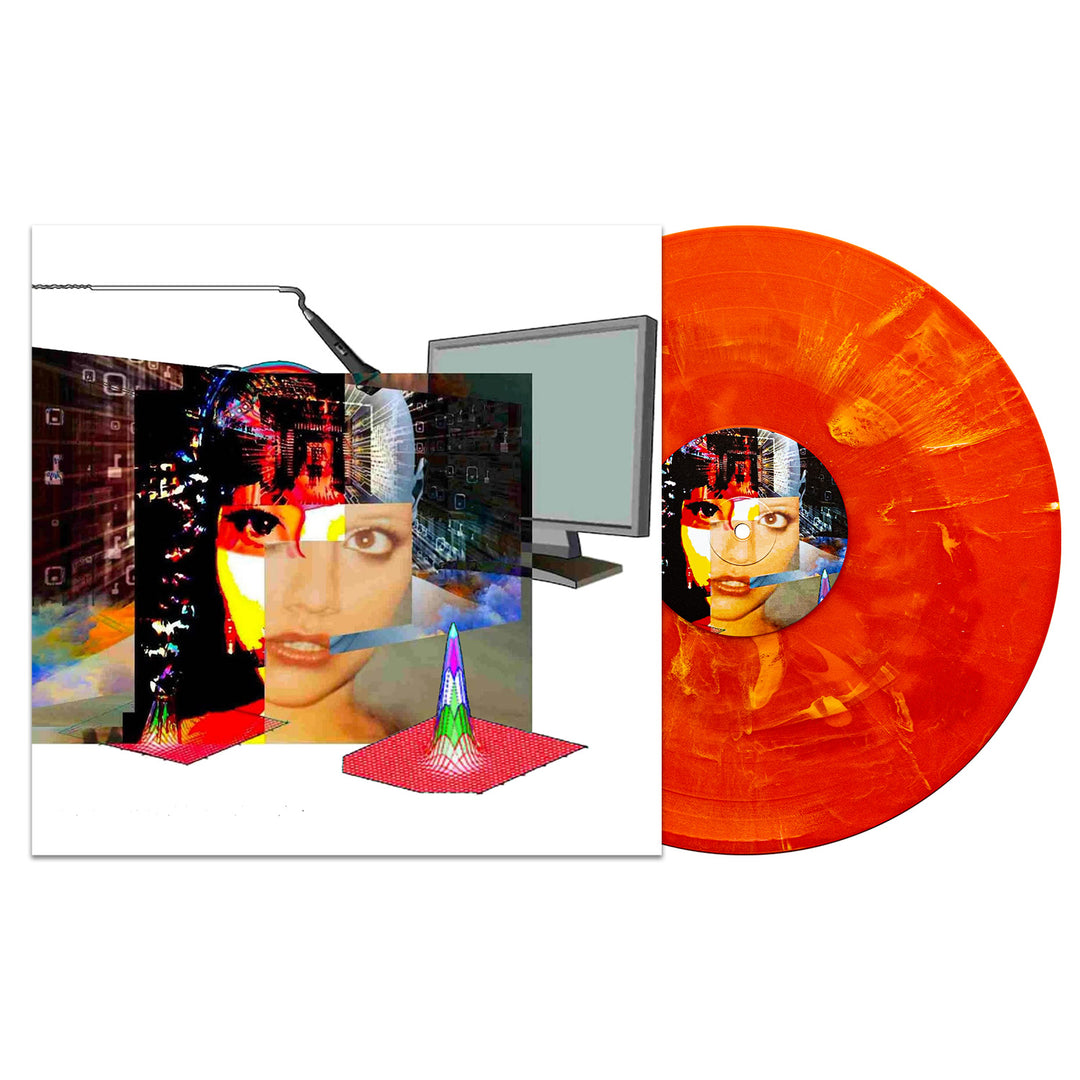 An orange Candy Corn Deluxe Marble Vinyl LP by Soulkeeper sits beside an album cover with a vibrant digital collage of a womans face, geometric shapes, and abstract computer graphics. Join Us In Creating Excellence.