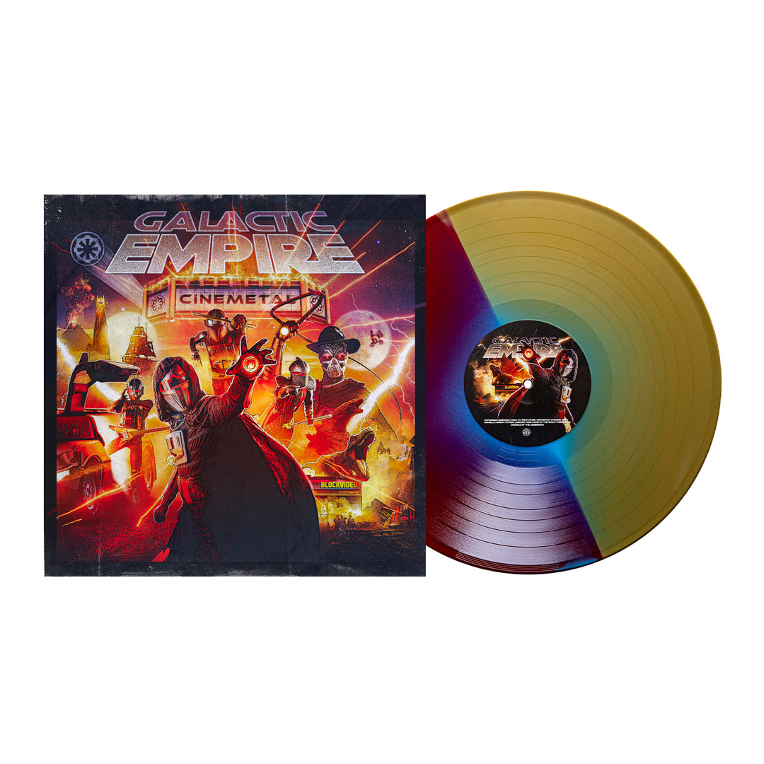 Galactic Empire Cinemetal Blue Vinyl Soundtrack LP features a dramatic album cover with masked figures in sci-fi poses, explosions, and spaceships, capturing an epic space adventure theme.