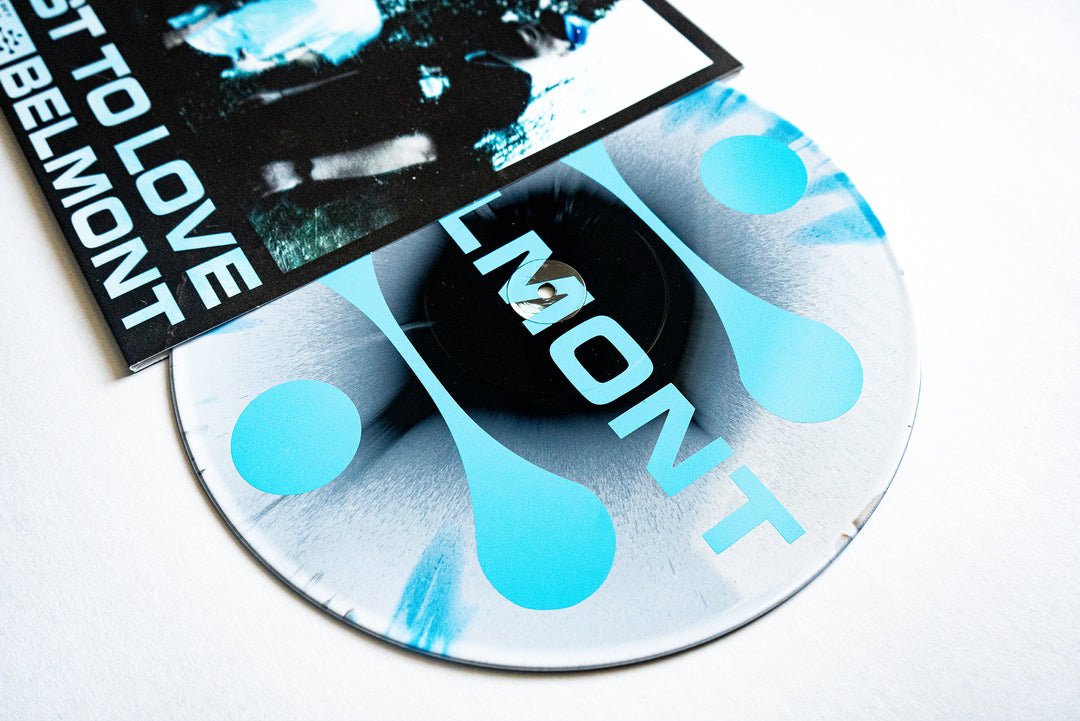 A Belmont CD with a blue and white abstract design and BELMONT partially visible, beside an album cover reading TO LOVE BELMONT—ideal for fans awaiting the Last To Love vinyl or Blue White Black splatter LP presale.