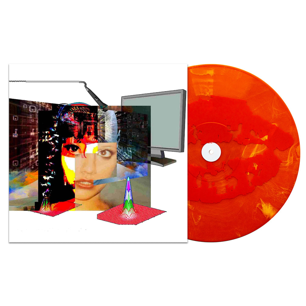 An orange Candy Corn Deluxe Marble Vinyl LP from Soulkeeper sits next to an album cover with a surreal collage of a womans face, geometric shapes, colorful graphs, and a computer monitor. Join Us In Creating Excellence with this unique release.