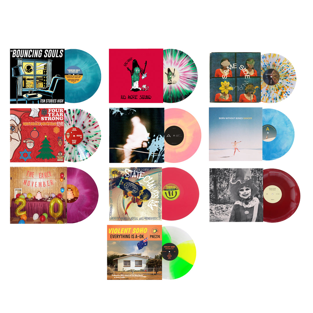 A set of twelve colorful, limited edition vinyl records from Pure Noise Records Merch, each partially pulled from its album cover and arranged in a 4x3 grid on a white background, showcasing diverse artwork, designs, and band names.