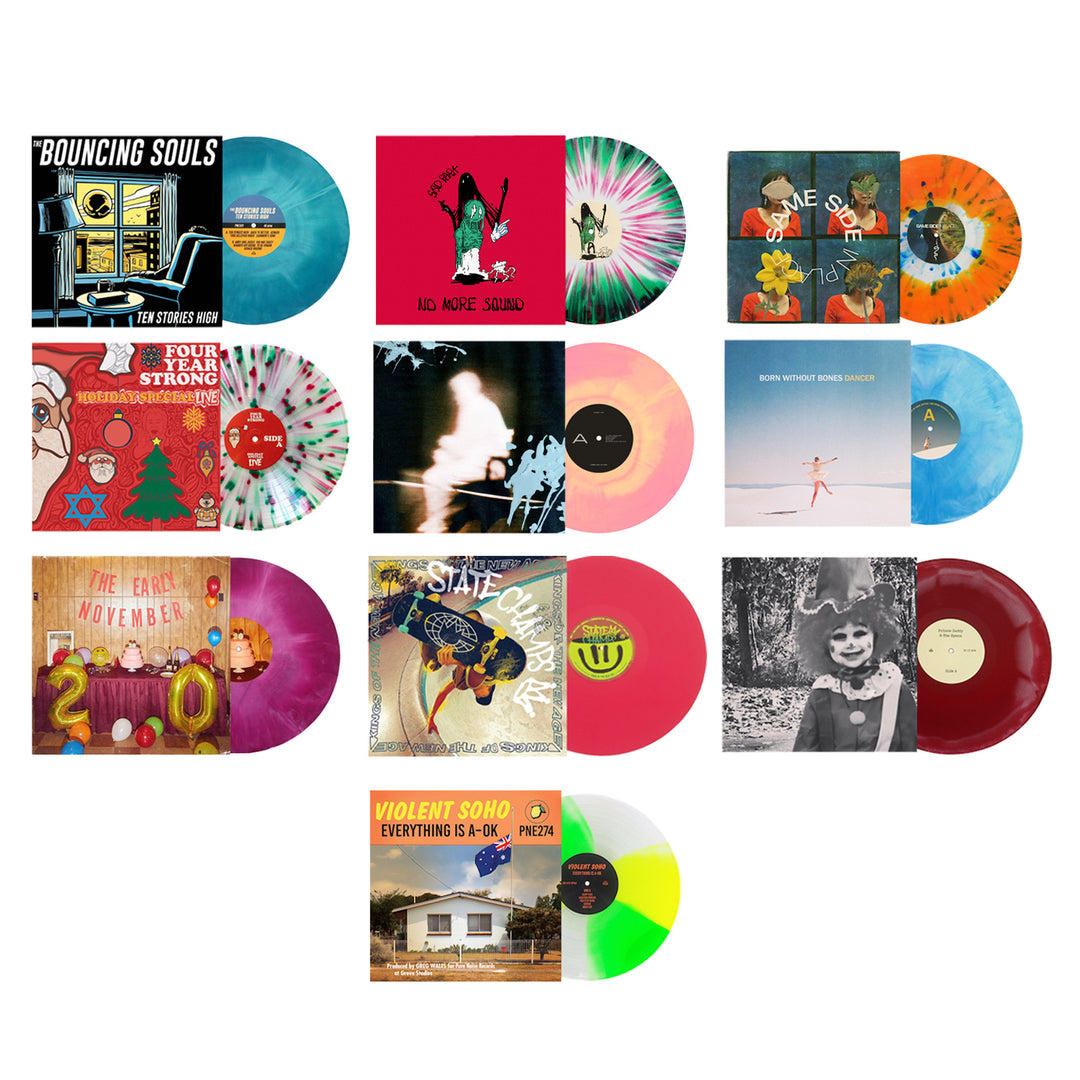 Pure Noise Records Merch presents a limited edition set of 12 colored vinyl records, each with vibrant splatter or marble patterns and unique album covers, arranged in a 4x3 grid on a white background.