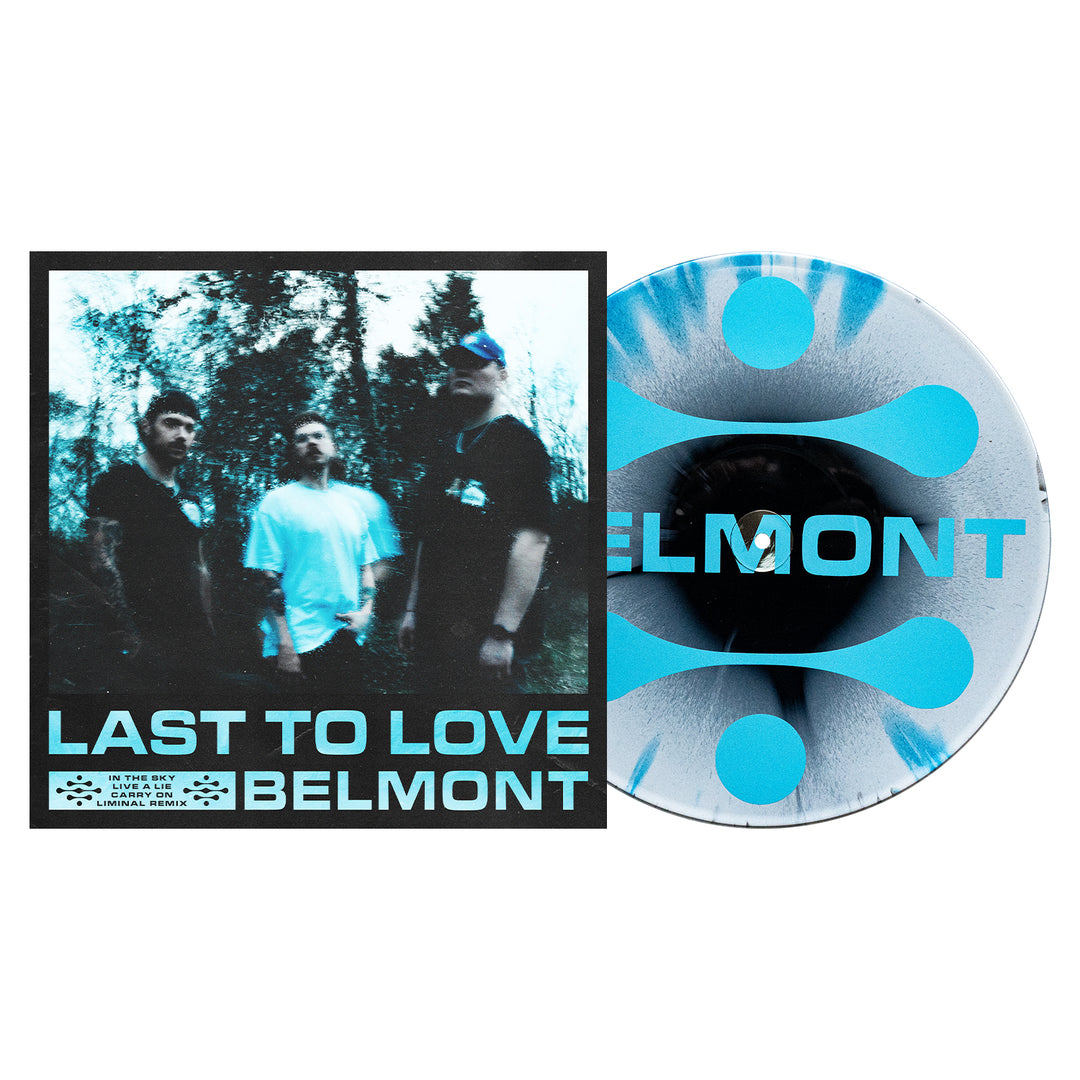 Belmont’s Last to Love Blue White Black splatter LP features an album cover with three people outdoors in blue tones and a vinyl displaying abstract blue patterns with “BELMONT” partially visible.