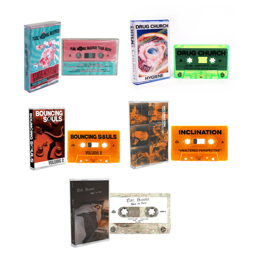 A set of six colorful cassette tapes and cases with unique album art and labels from bands like Drug Church, Bouncing Souls, Real Friends, and Inclination by Pure Noise Records Merch, displayed on a white background.