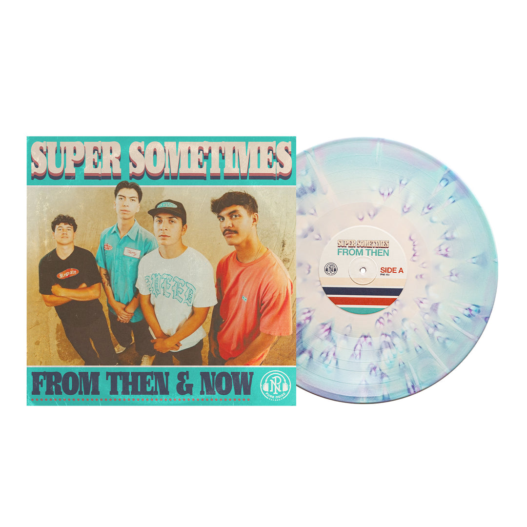 Get the pastel blue splatter vinyl for "From Then & Now" by Super Sometimes—pink and purple splatters, album art with four young men together. Don’t miss the presale for your Super Sometimes collectible!.