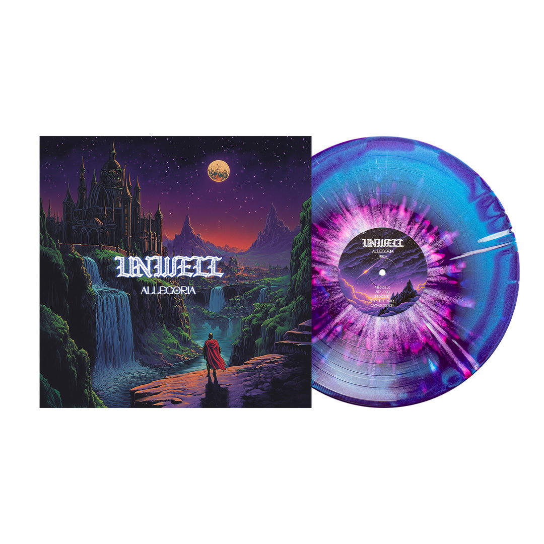 Unwell album cover and Allegoria vinyl feature a mystical castle, waterfalls, and cloaked figure under a full moon. The colored splatter LP—marbled purple, blue, and white—completes this presale release from Unwell.