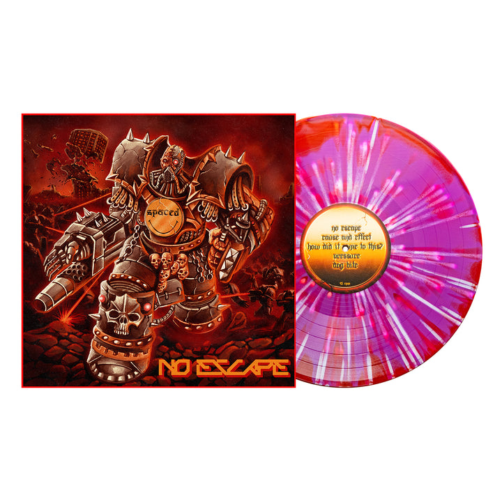 A Spaced No Escape vinyl with pink, red, and white swirls sits beside its cover, showing a futuristic armored robot with heavy weapons in a fiery apocalyptic scene. Grab your copy during the album presale.