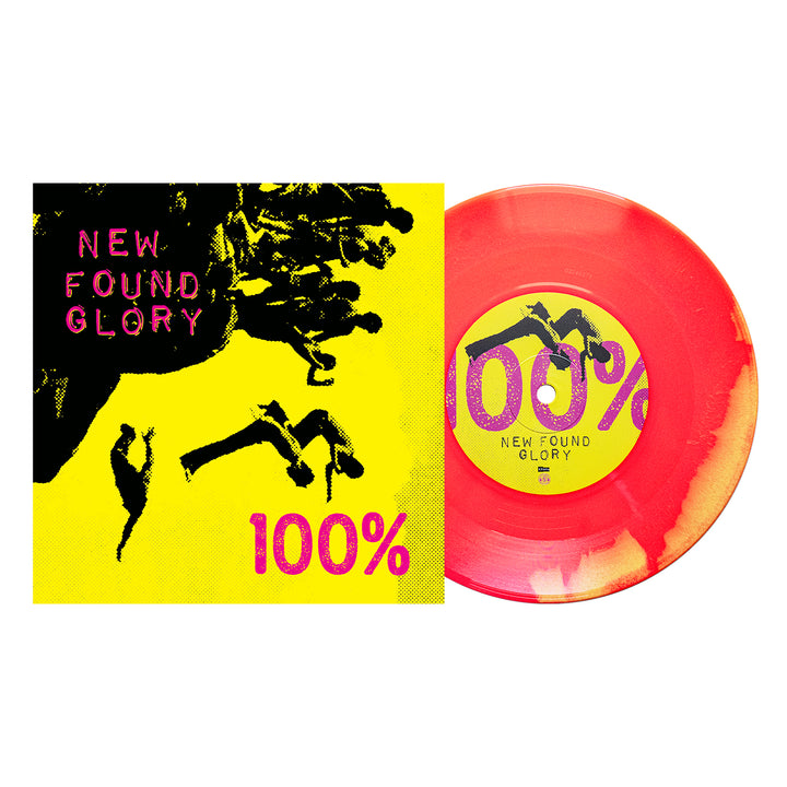 A neon yellow and pink vinyl record with “100%” in bold sits by its matching album cover, showing New Found Glory and diving figures in black on bright yellow. Album release date coming soon.
