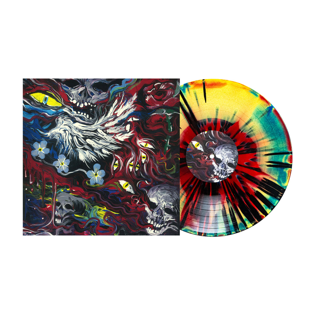 A vibrant splatter vinyl LP from Mugshot, featuring a striking skull design, rests next to its album cover adorned with abstract skulls, flowers, and bold red, blue, yellow, and black tones—a must-have for collectors awaiting release.