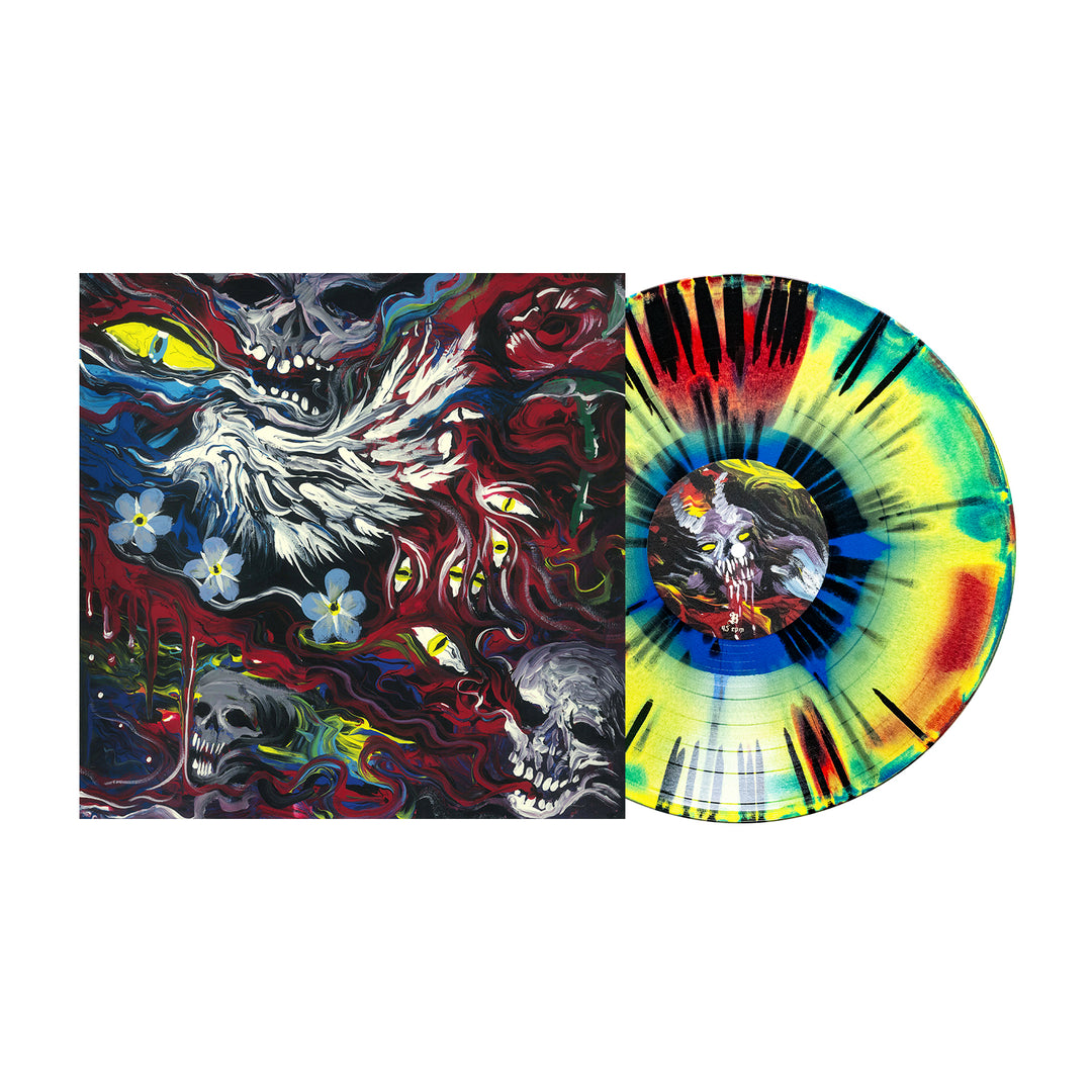 Mugshot’s colorful splattered Vinyl LP sits next to its album cover, showcasing swirling skulls with yellow eyes, red and blue tones, and white flowers on a dark background. Ideal for collectors—grab your copy during the presale!.