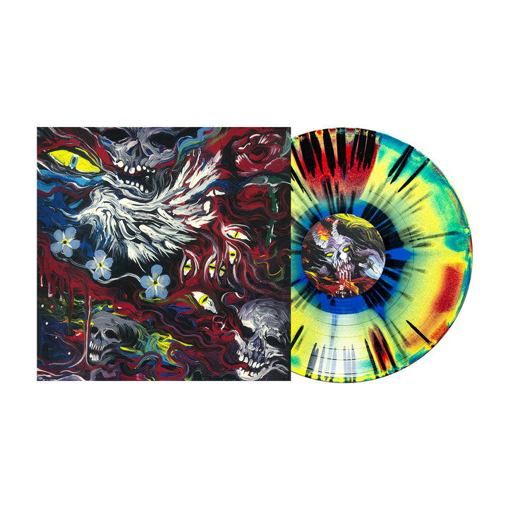 Mugshot’s colorful splattered Vinyl LP sits next to its album cover, showcasing swirling skulls with yellow eyes, red and blue tones, and white flowers on a dark background. Ideal for collectors—grab your copy during the presale!.