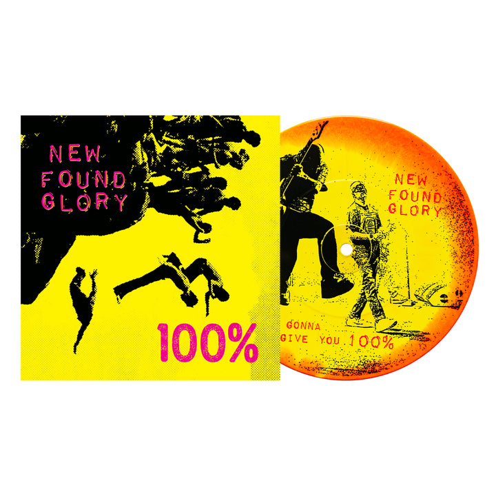 A neon yellow and pink 100% album cover by New Found Glory with abstract figures and a hand, plus a yellow-orange vinyl showing band member performance photos. Includes Album Release Date info.