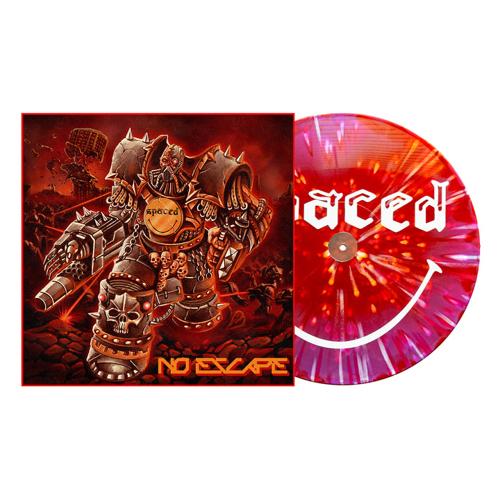 Spaced's "No Escape" album cover features a weaponized robotic figure on a fiery red backdrop, with the striking purple & red splatter No Escape vinyl available now for presale.