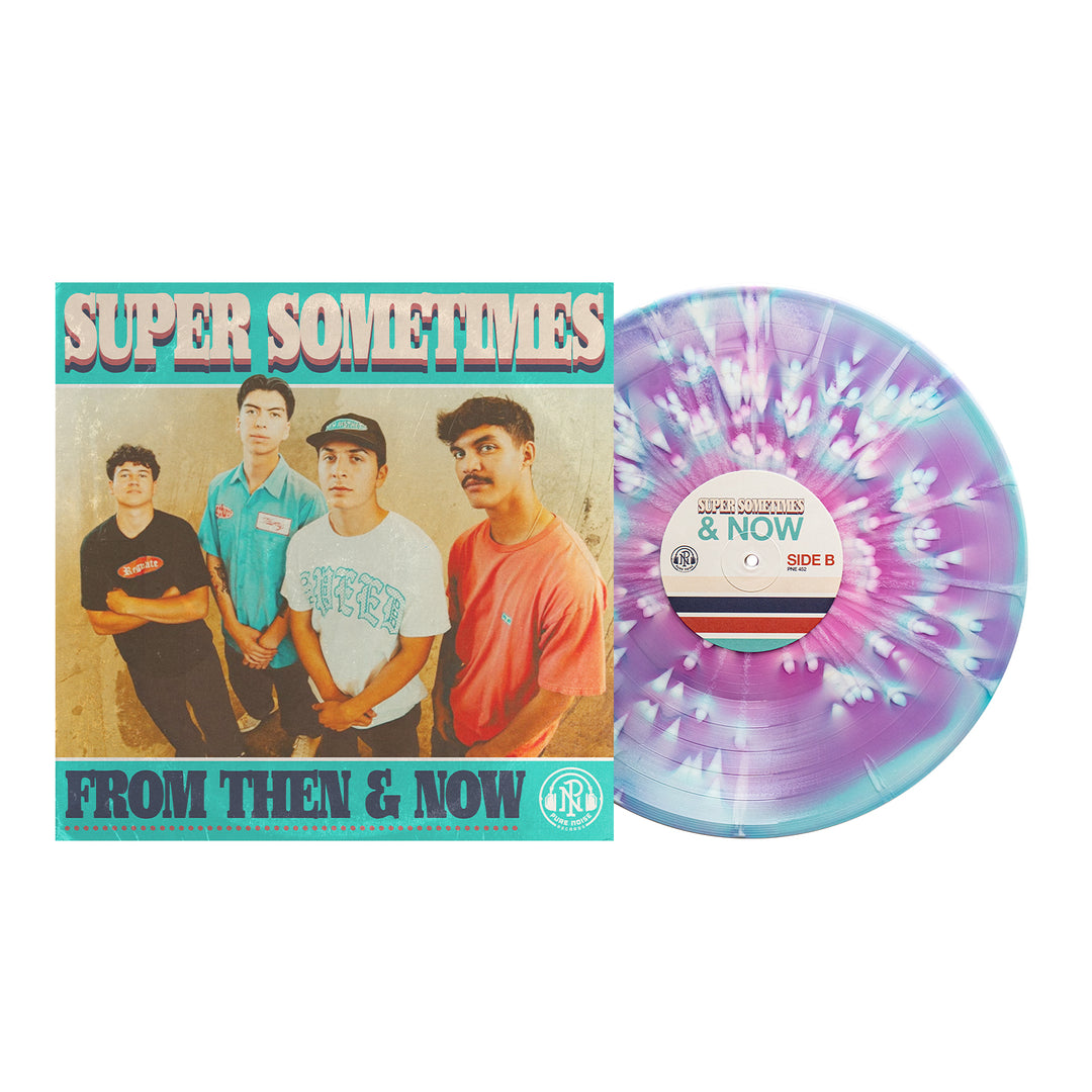 Square album cover for “From Then & Now” by Super Sometimes shows four young men together. Next to it, a splatter vinyl swirled with purple, blue, and white. Don’t miss the Super Sometimes “From Then & Now” vinyl presale!.