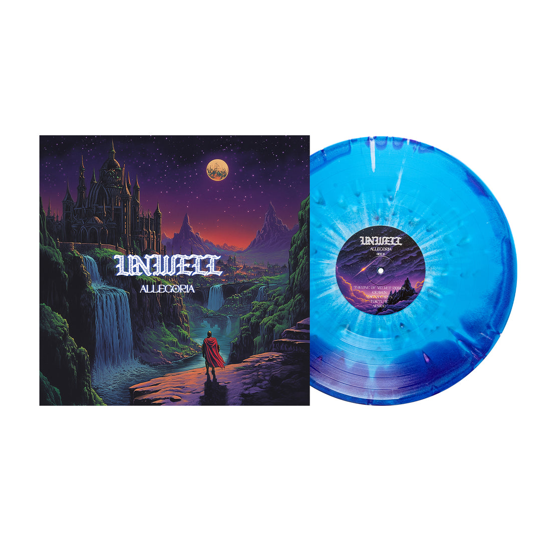 A blue marbled Unwell Allegoria vinyl record sits next to its album cover, showing a fantasy landscape with a castle, cliffs, full moon, waterfalls, and a cloaked figure. Preorder the Unwell Allegoria album now!.