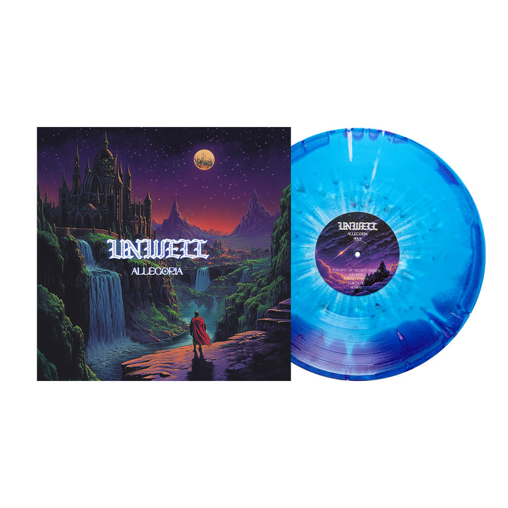 A blue marbled Unwell Allegoria vinyl record sits next to its album cover, showing a fantasy landscape with a castle, cliffs, full moon, waterfalls, and a cloaked figure. Preorder the Unwell Allegoria album now!.