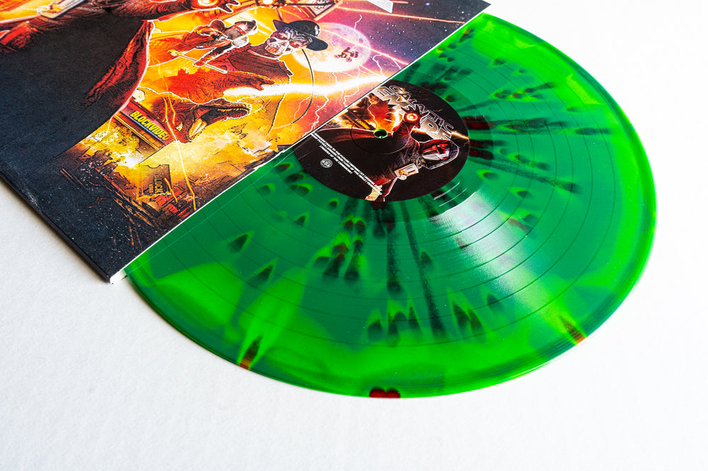 A vibrant green Cinemetal vinyl with dark streaks is partially pulled from a colorful illustrated album cover full of action and characters, all on a white background. This striking limited edition release is by Galactic Empire.