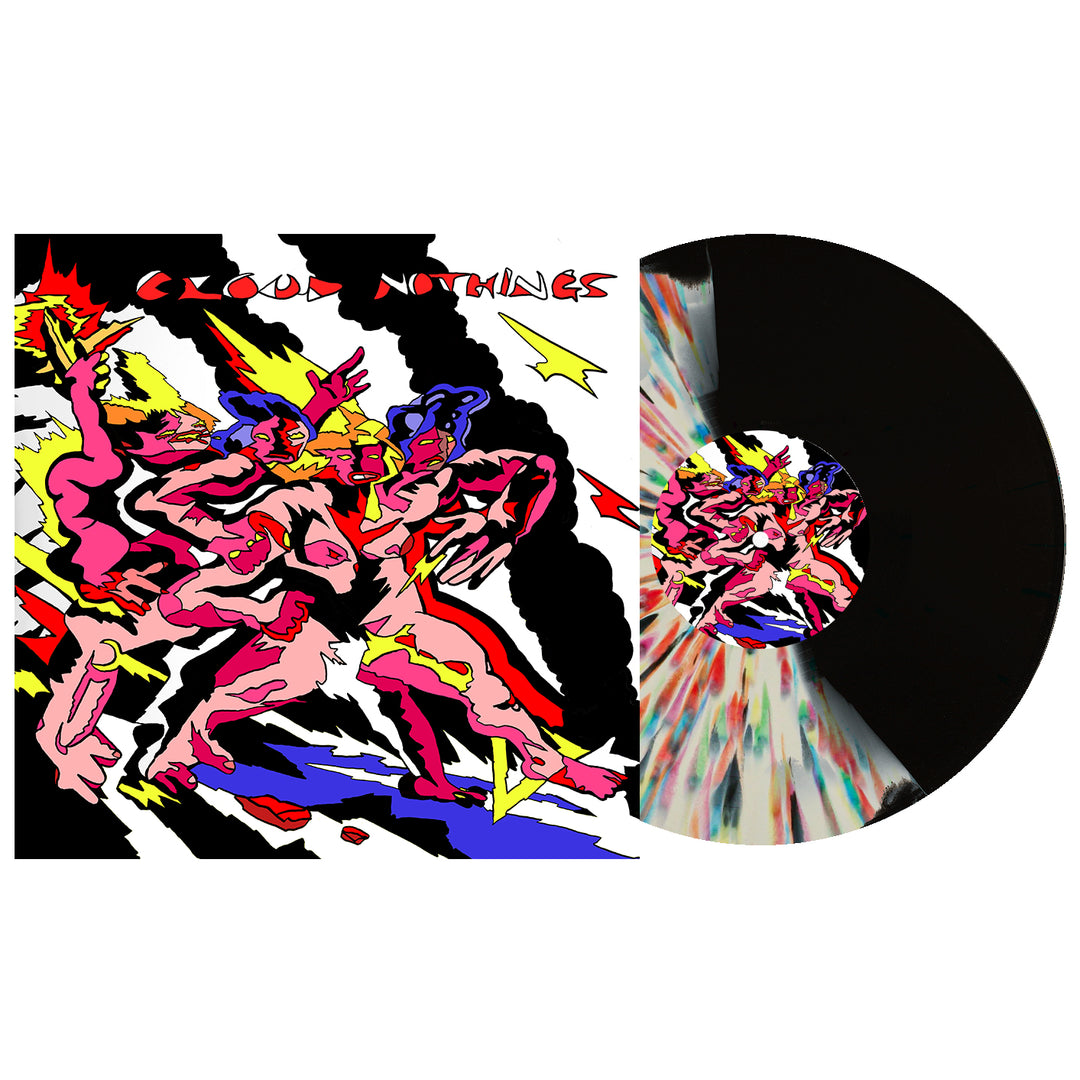 Cloud Nothings album cover art for What Kind Of Hell Did You Survive? and a matching black vinyl record featuring stylized, colorful figures against a black and white background.