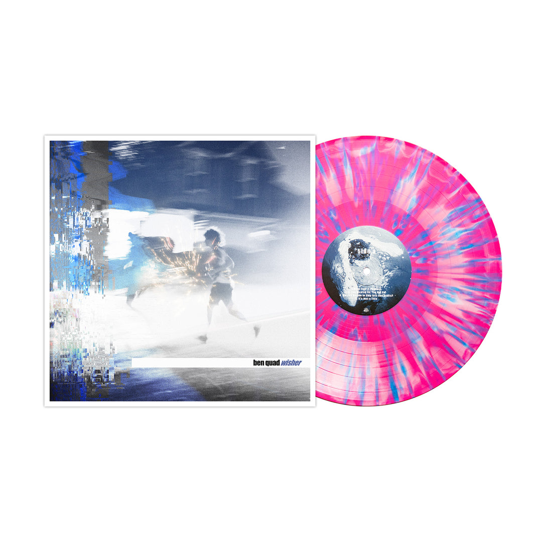 A Ben Quad vinyl in baby pink blue splatter rests beside its cover, displaying a blurred, glitchy image of a running person and the title “I’m Scared That’s All There Is”—ideal for any album presale.