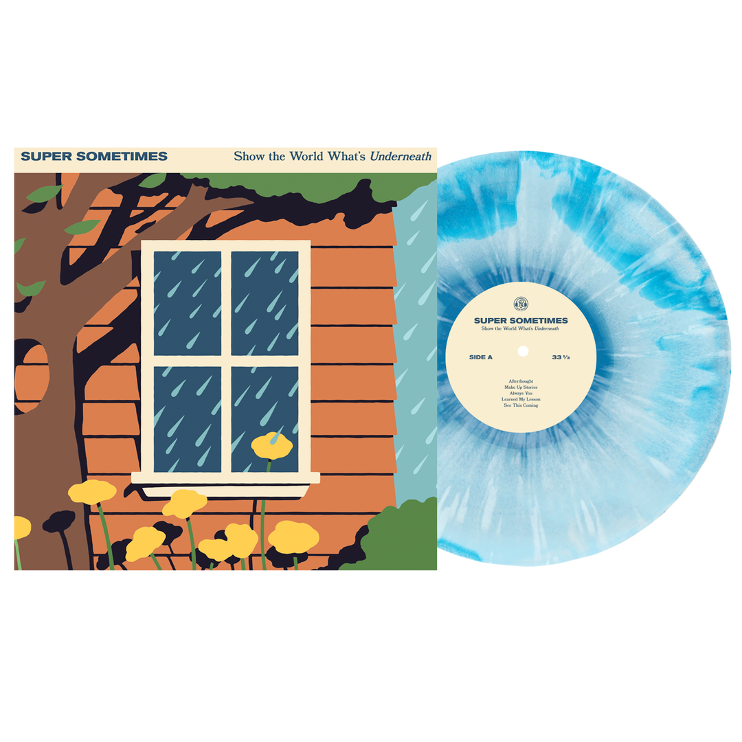 A blue and white marbled vinyl record by Super Sometimes is displayed beside the album cover, which shows a house with a window, raindrops, yellow flowers, and a tree. Now available for vinyl preorder.