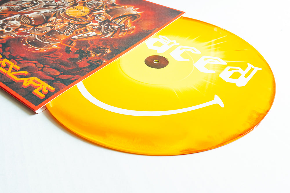 A bright yellow Spaced Aside/Bside vinyl LP with a white smiley face and stylized text, partially out of its colorful illustrated album cover featuring a robot in an orange and red fiery scene.