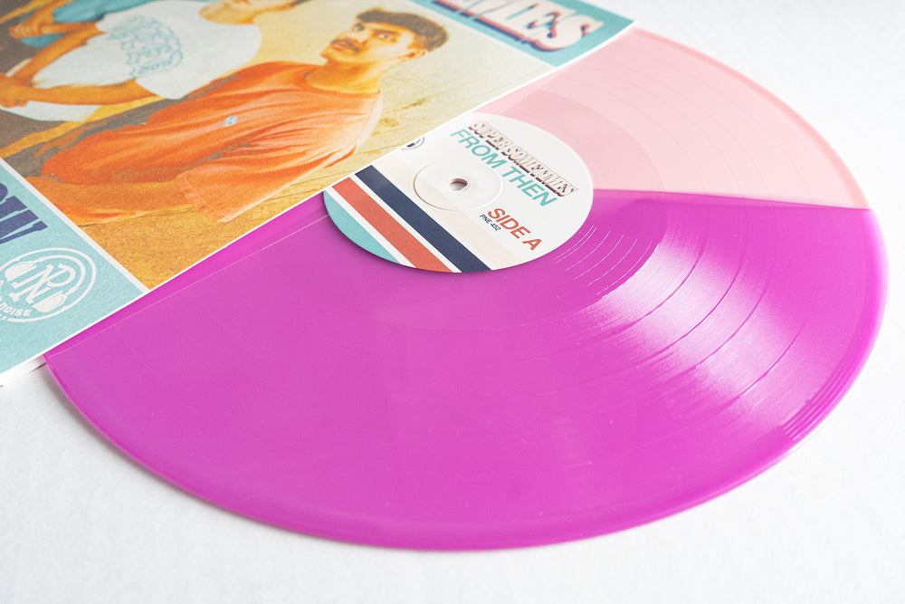 The Super Sometimes From Then & Now LP—half baby pink/half violet vinyl, with a vintage-style cover showing people holding speech bubbles—is now available for album presale.