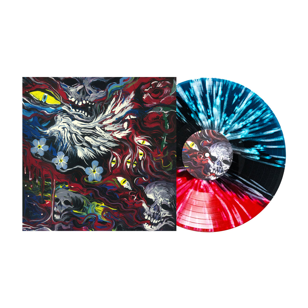 A vibrant Mugshot vinyl LP in blue, black, white, and red heavy splatter rests beside its album cover, which displays abstract swirling colors, skulls, yellow eyes, and white flowers in a chaotic dark design.