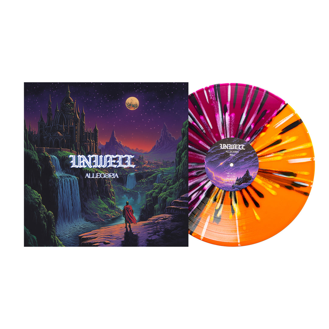 Unwell’s Allegoria presale LP features colored splatter vinyl and an album cover with a cloaked figure overlooking a fantasy castle, waterfall, and moonlit sky.