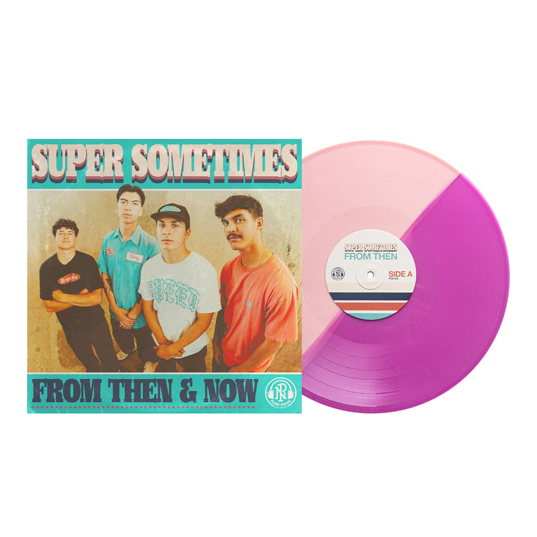 A Half Baby Pink/Half Violet LP sits by its album cover, showing four young men. The cover says Super Sometimes at the top and From Then & Now at the bottom. Preorder your Super Sometimes From Then & Now vinyl today!.