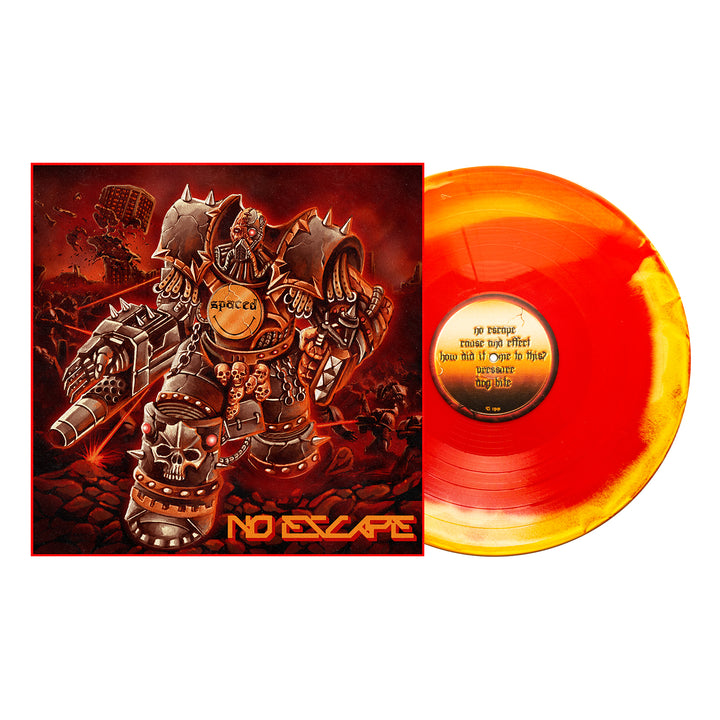 An album cover and orange-yellow marbled Aside/Bside vinyl LP by Spaced, showcasing a menacing armored robot amid chaos. The bottom text reads "NO ESCAPE." A must-have collectible for No Escape vinyl fans.