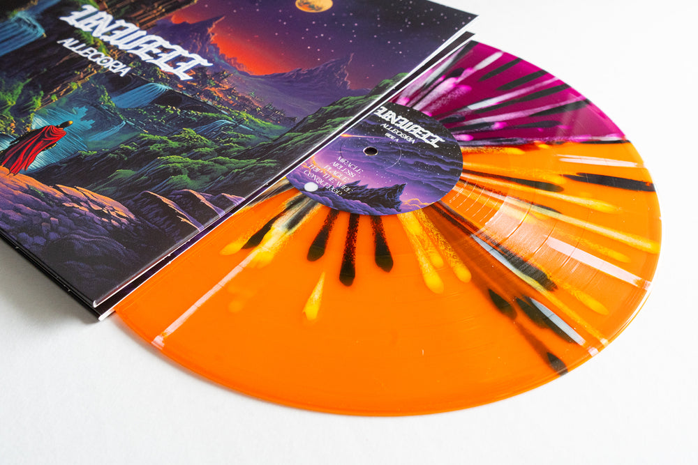A vibrant Unwell Allegoria vinyl with orange, pink, and black splatters peeks from an album cover showcasing a fantasy landscape beneath a starry sky—ideal for collectors wanting this unique colored splatter LP presale.