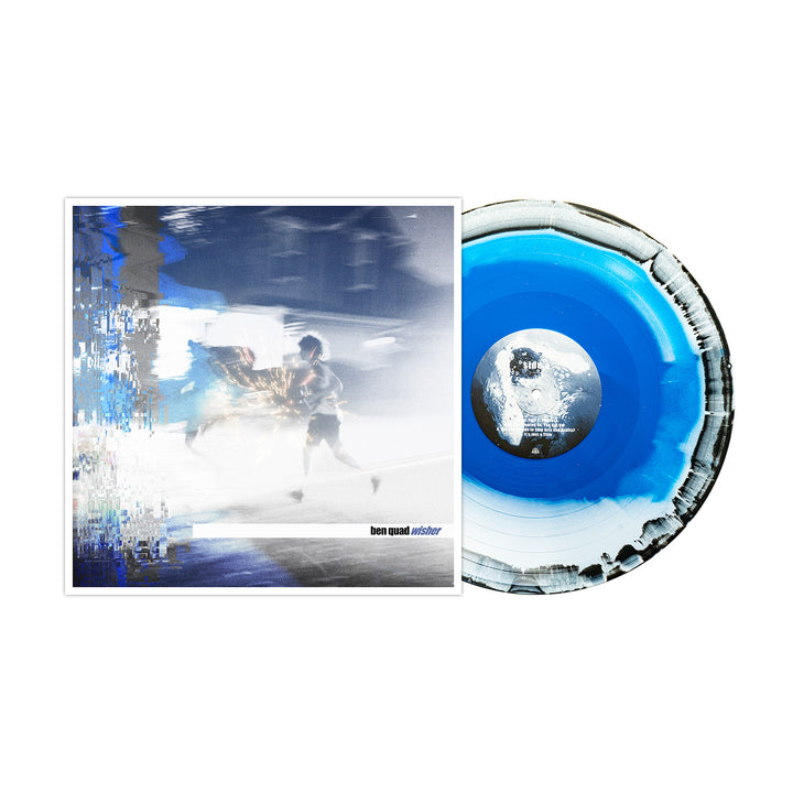 Ben Quad’s Mistaker album cover shows a blurred, glitchy runner in a blue-and-white city scene. The Wisher Blue marbled vinyl (blue, white, black) is now available for Album Presale.