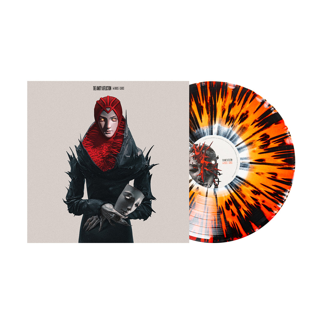 Album cover and vinyl record. The Amity Affliction Exclusive shows a black figure with red headgear holding a mask. The white vinyl has Blood Red & White splatter. Heart Mind Code by The Atlas Moth is at the top.