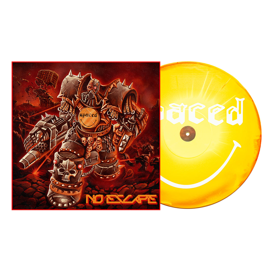 Spaced’s No Escape yellow vinyl LP features a robotic figure in spiked armor on a red apocalyptic cover and a smiley face design on the vinyl. Secure your album presale or add the Aside/Bside variant to your Spaced collection now.