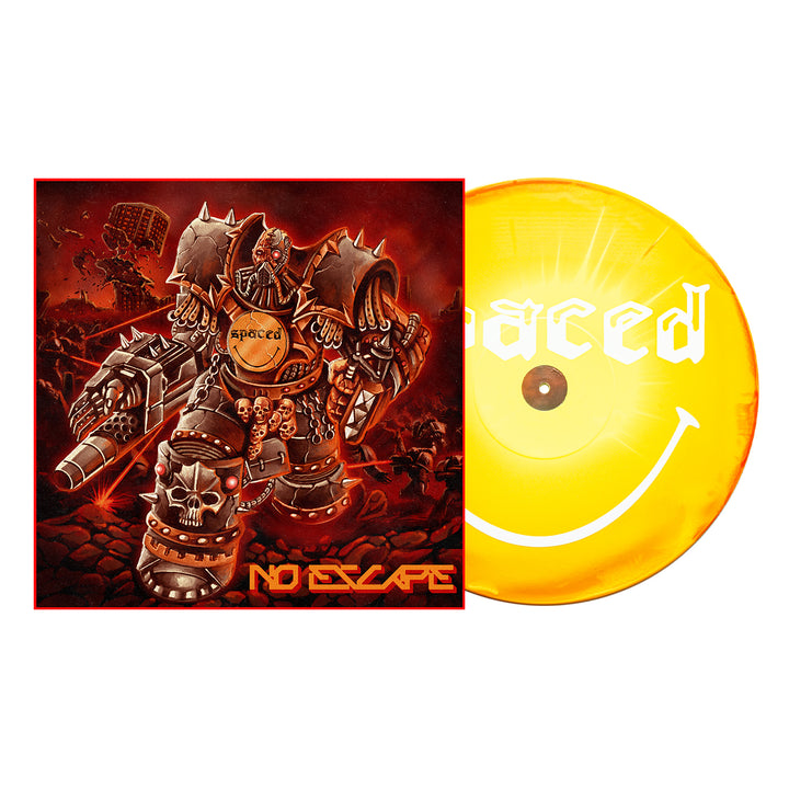 Spaced’s No Escape yellow vinyl LP features a robotic figure in spiked armor on a red apocalyptic cover and a smiley face design on the vinyl. Secure your album presale or add the Aside/Bside variant to your Spaced collection now.
