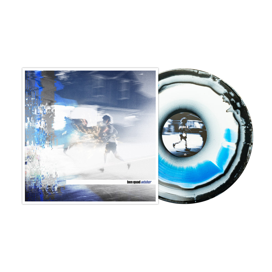 A Ben Quad blue vinyl LP with a swirling black, white, and blue design appears next to its album cover, which shows a blurred person running in an urban scene. The album is titled Mistifier.